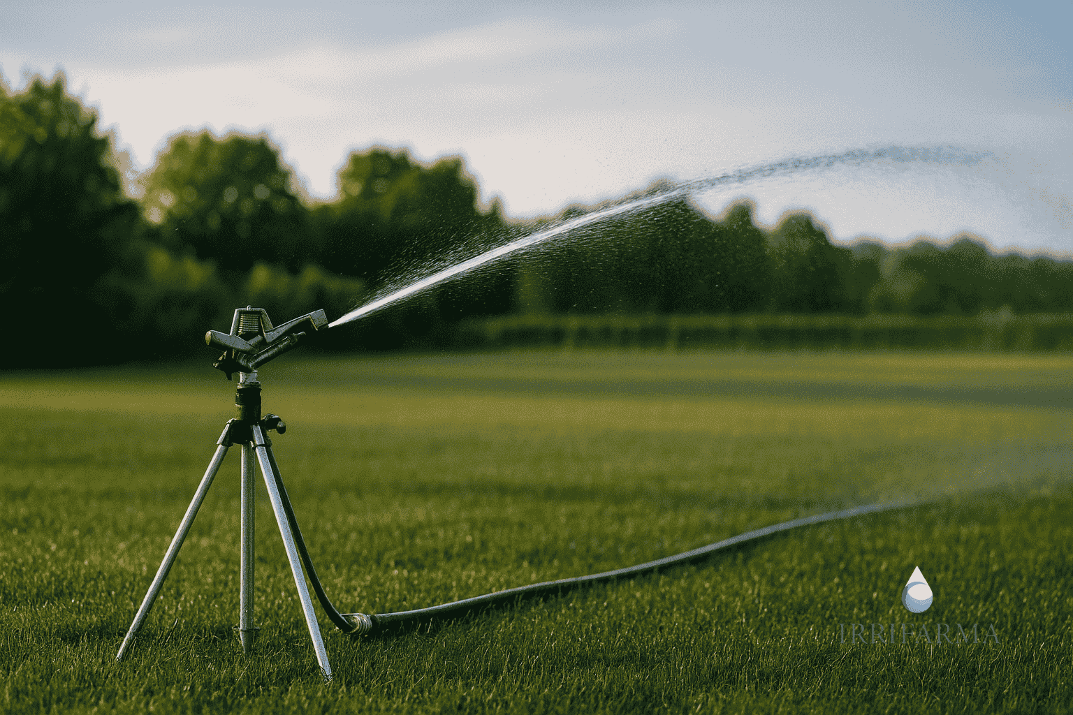 Irrigatore a battente su treppiede che irriga un grande prato